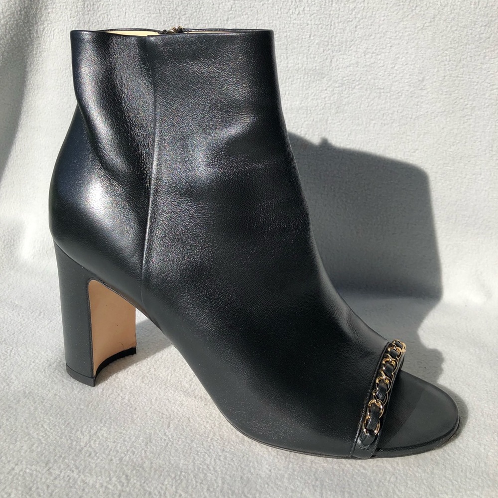 CHANEL Gold Chain Embellished Peep-Toe Short Boots